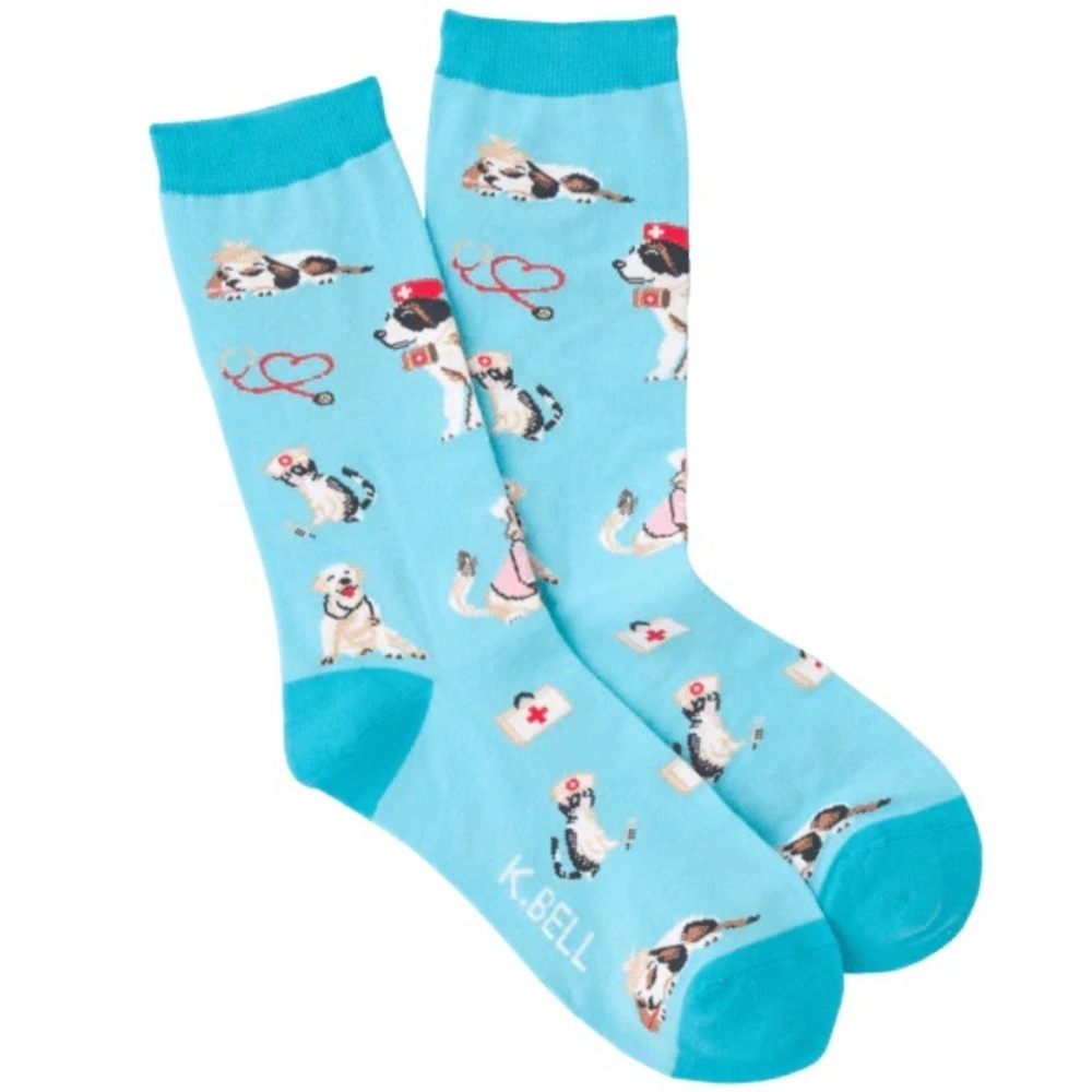 K. Bell Veterinarian Crew Socks Teal Dog Cat Medical size 9-11